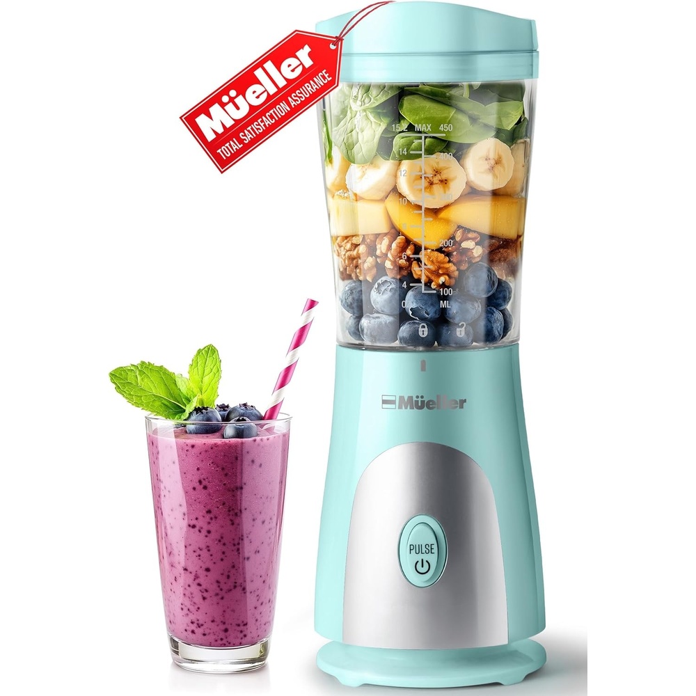 image:imageMueller HeavyDuty Personal Blender for Shakes and Smoothies with a 15 Oz Travel Cup and Lid Juices Baby Food Portable Blender amp Food Processor TurquoiseTurquoise
